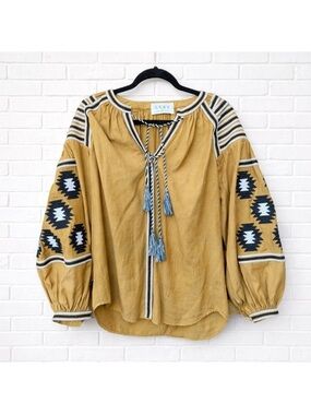 Luxe Embroidered Boho Peasant Blouse Mustard Yellow Tassel Top Size M